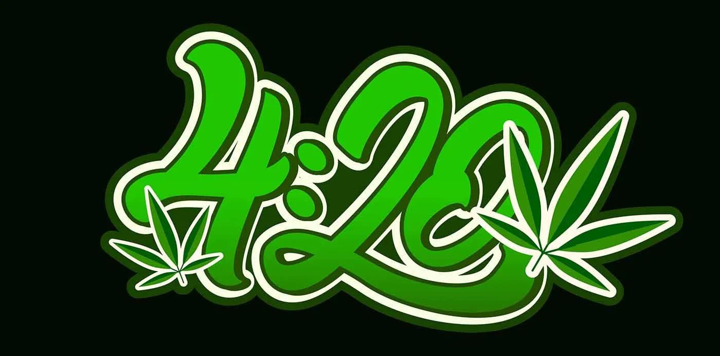 Green 4:20 graffiti-style lettering with cannabis leaves