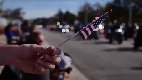 Hand waving a small American flag at a parade