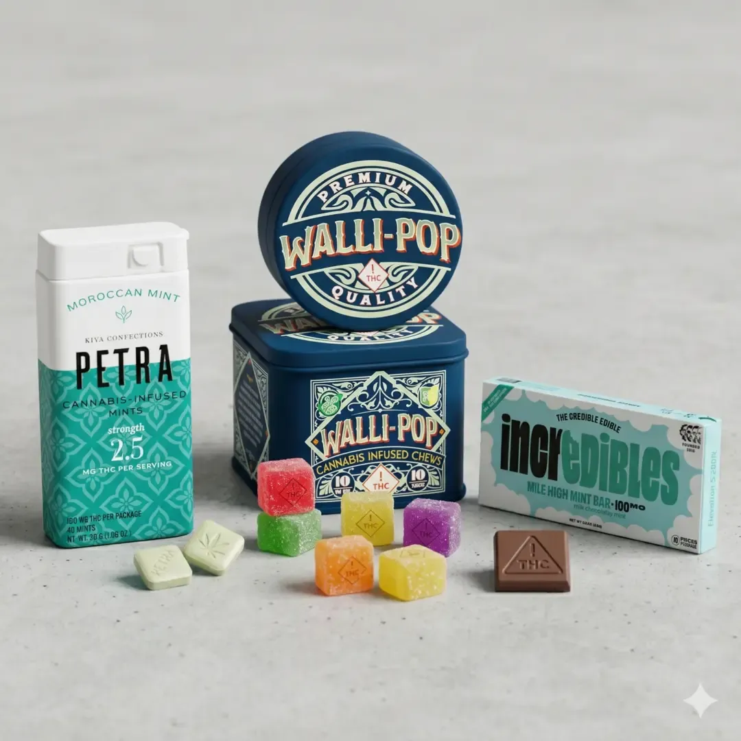 Cannabis edibles including Petra mints, a Walli-Pop tin, an Incredibles chocolate bar and colorful gummies
