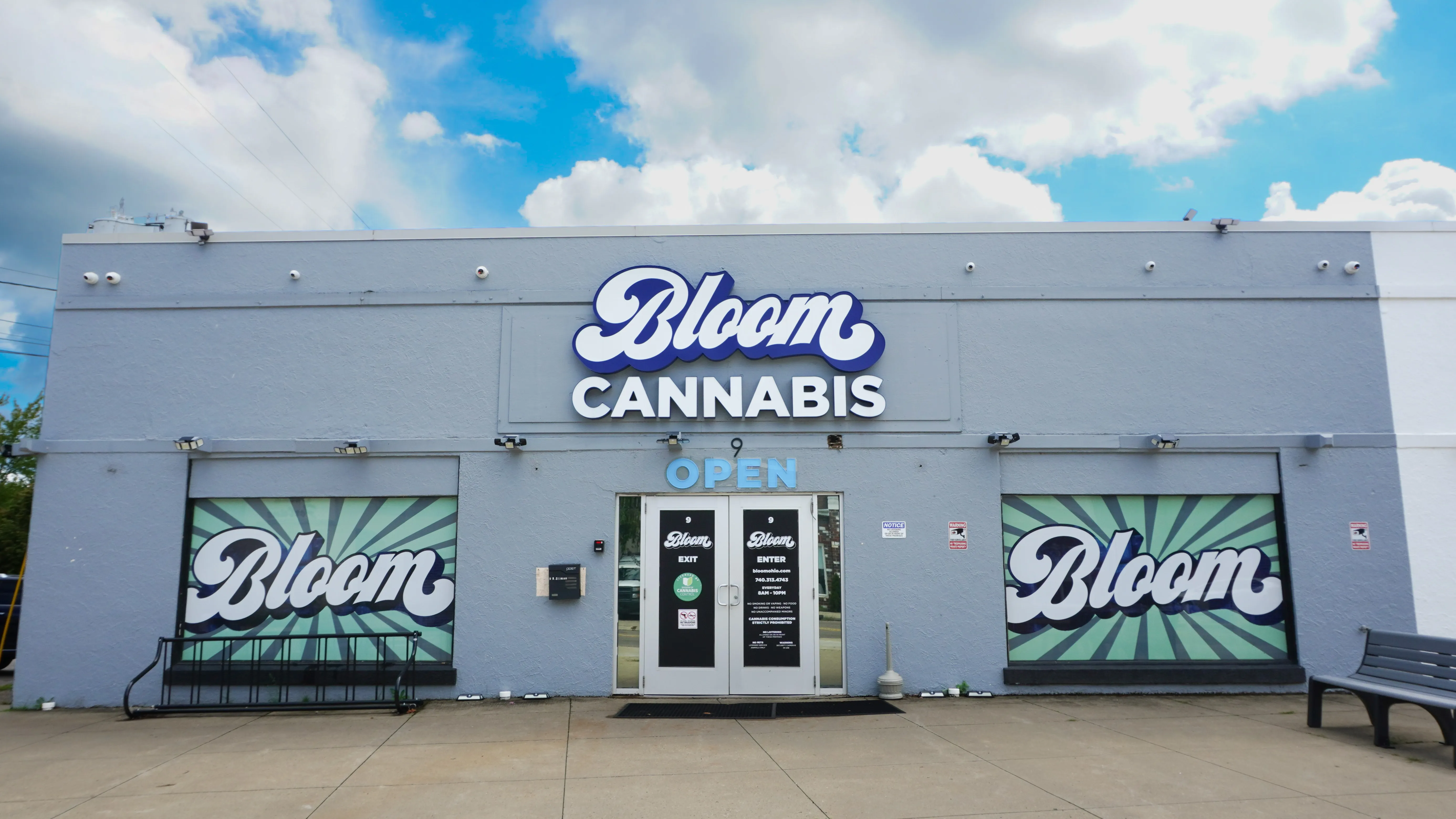 Bloom Cannabis dispensary on West Stimson Avenue in Athens, Ohio, with the Bloom Cannabis sign over the entrance and free parking out front.