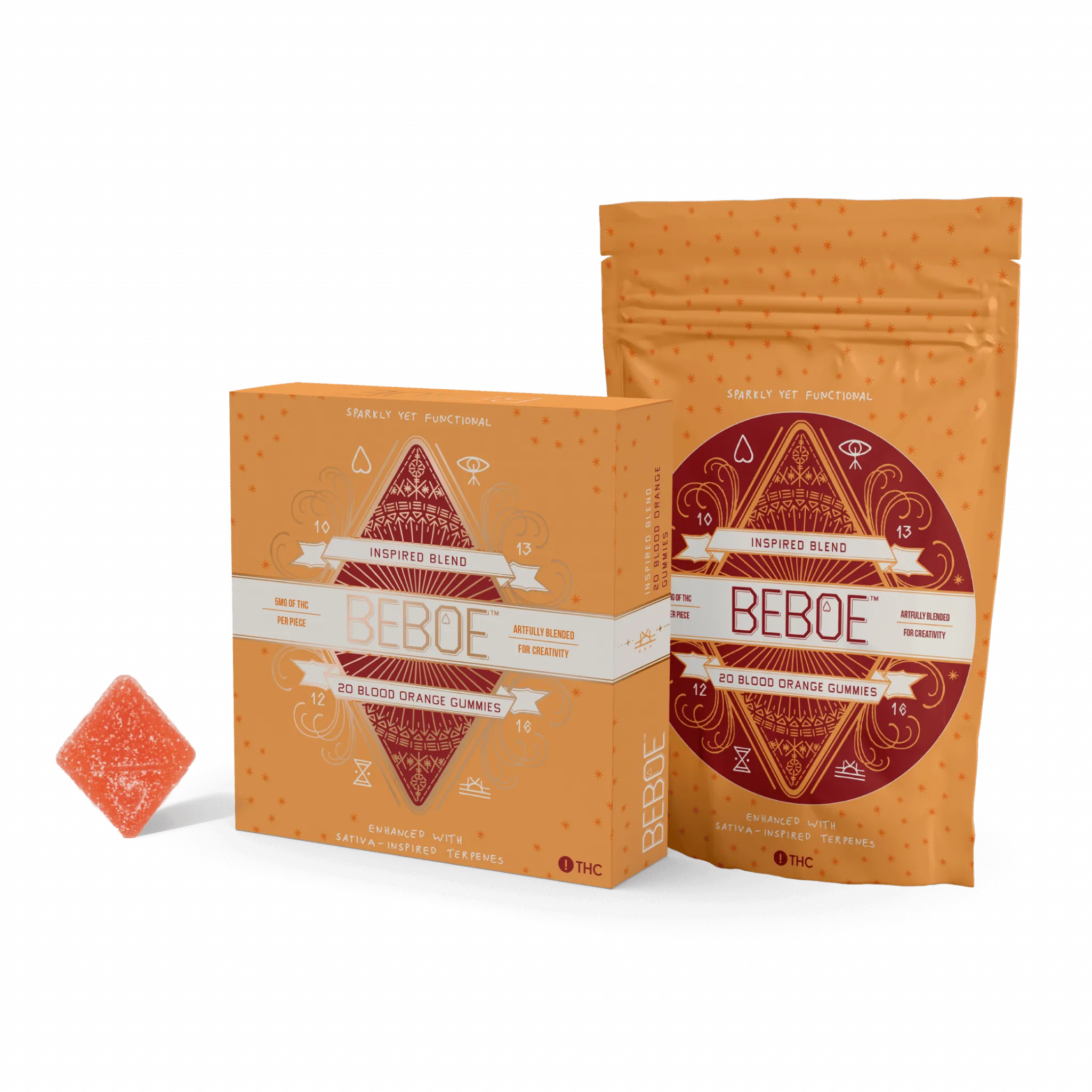 Beboe Inspired Blood Orange cannabis gummies box and pouch with a single gummy
