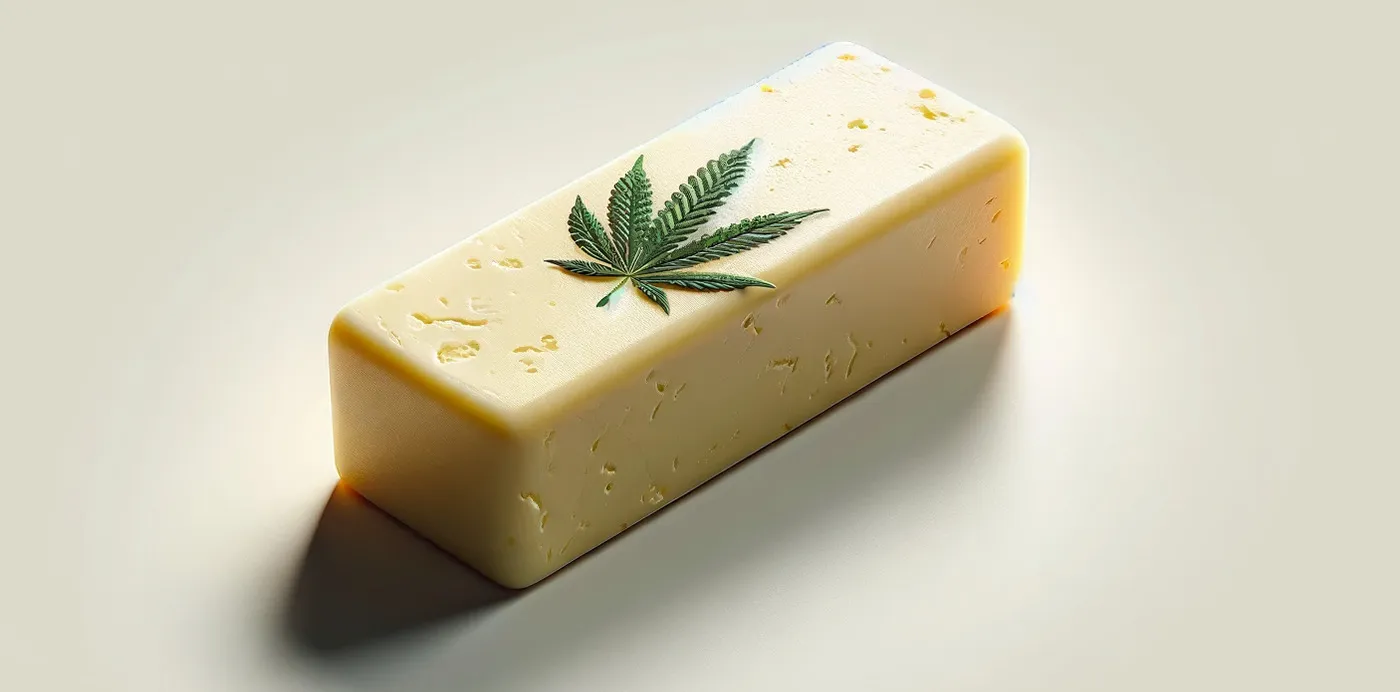 Stick of butter marked with a cannabis leaf