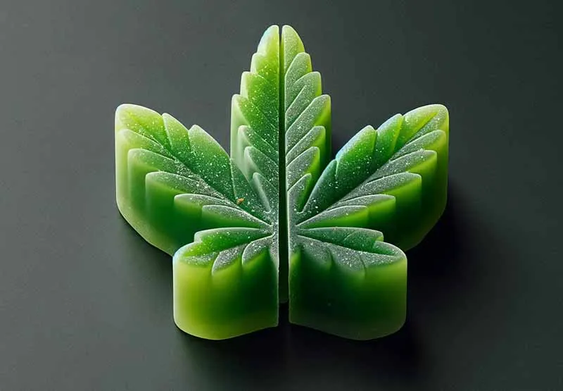 Green cannabis-leaf-shaped gummy on a dark surface