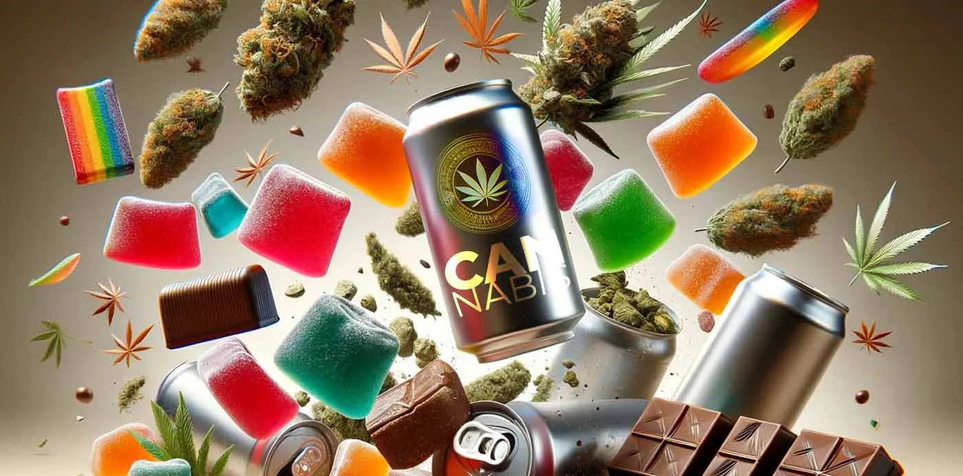 Cannabis drink cans, gummies, chocolate bars and cannabis buds tumbling through the air