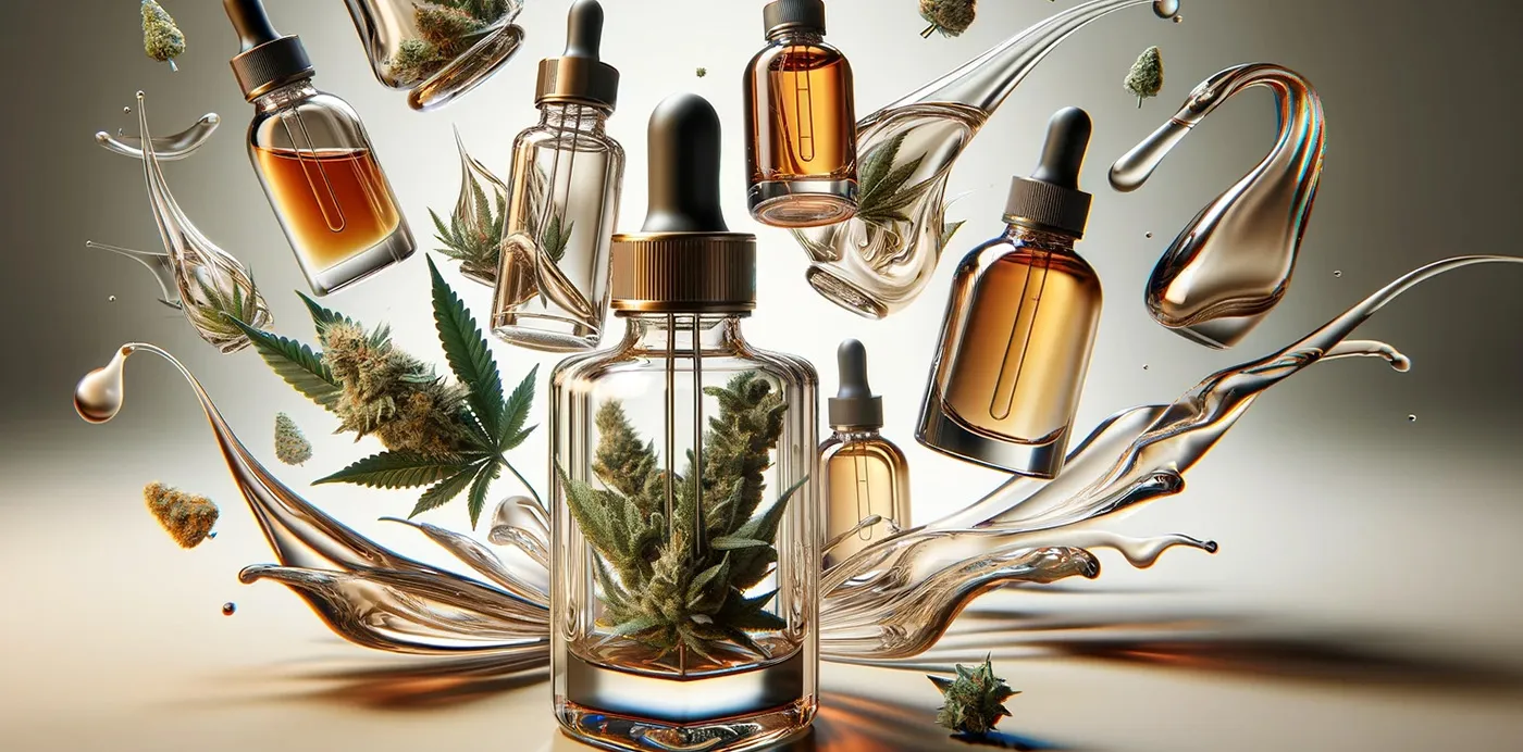 Glass tincture bottles with droppers and cannabis leaves amid splashes of golden oil