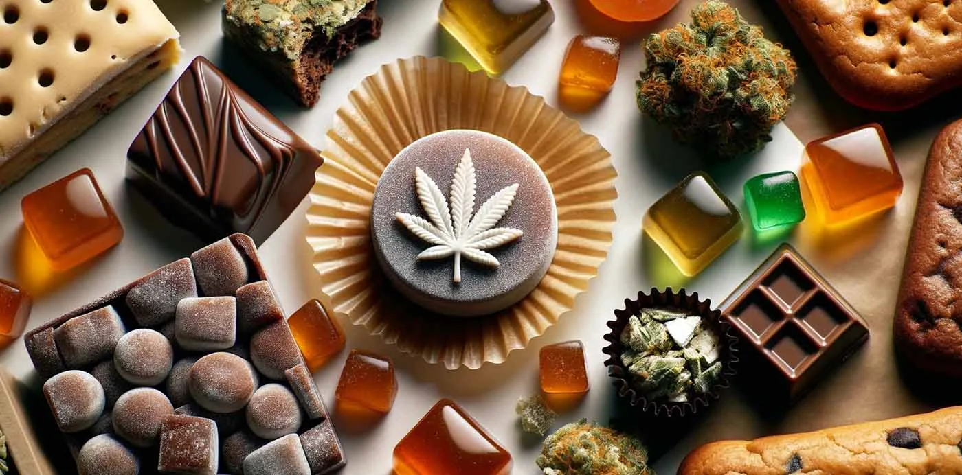 Assortment of cannabis edibles including chocolates, gummies, cookies and a cupcake topped with a cannabis leaf