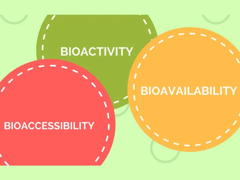 Overlapping green, red and orange circles labeled bioactivity, bioaccessibility and bioavailability