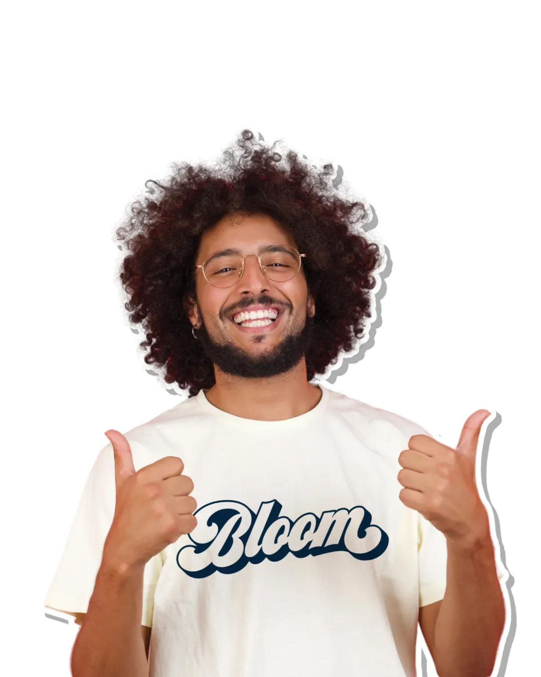 Smiling man in a white Bloom T-shirt giving two thumbs up for Bloom Rewards.