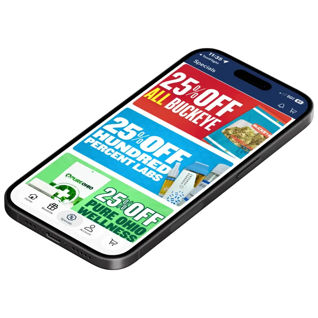 Bloom Rewards app on an iPhone showing the Specials tab with 25% off deals on Buckeye Relief, Hundred Percent Labs and Pure Ohio Wellness.