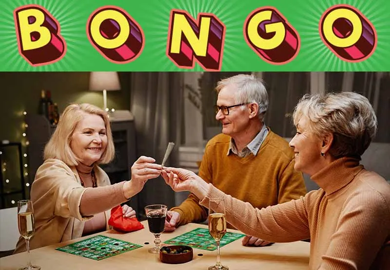 Friends playing a 420 Bongo bingo game around a table under a colorful BONGO banner