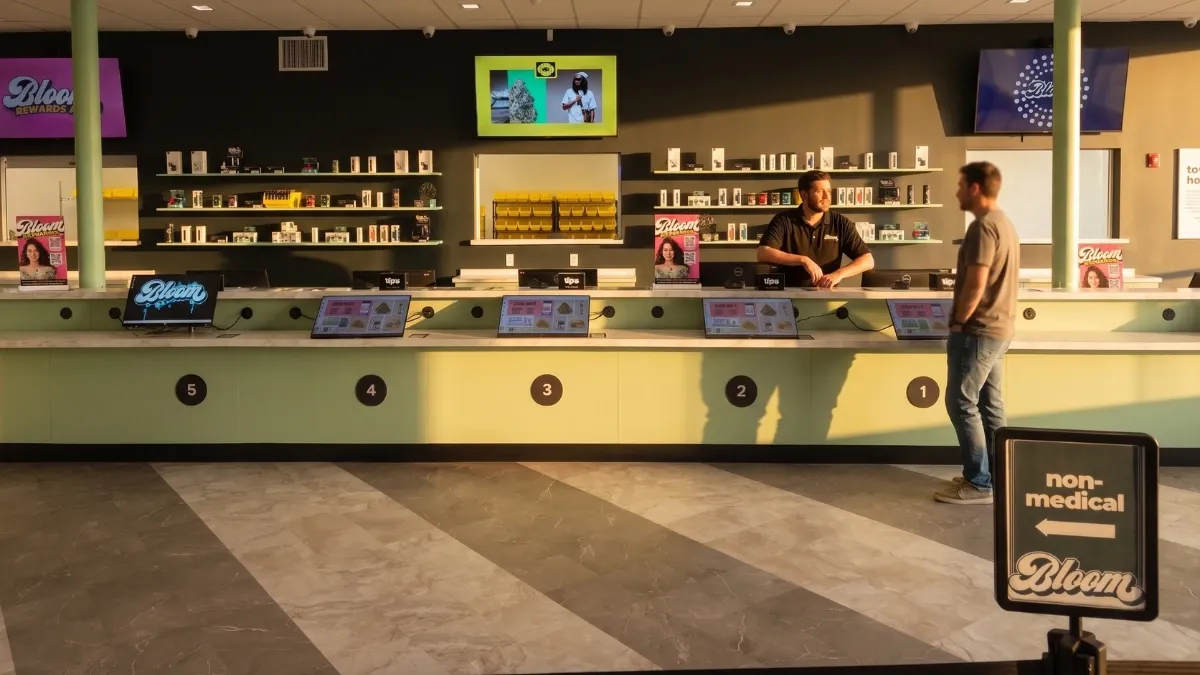 Bloom budtender helping a customer at the sales counter of the Bloom dispensary in Massillon, Ohio.