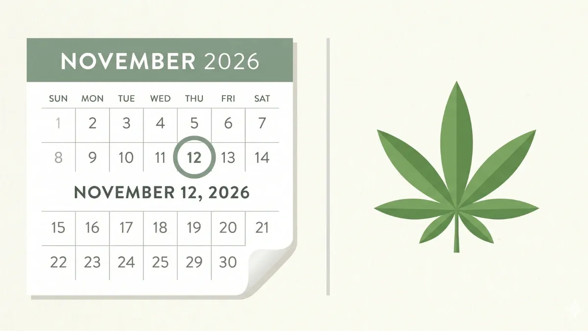 Calendar page with November 12, 2026 circled beside a cannabis leaf, marking the federal hemp law's effective date