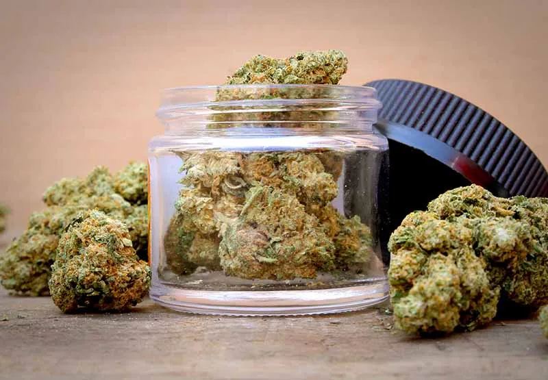 Open glass jar filled with cannabis buds, its black lid and loose buds beside it on a wooden table