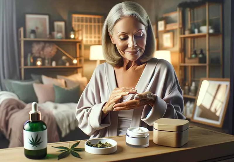 Smiling older woman applying cannabis-infused cream to her hands beside a CBD oil dropper bottle and skin care jars