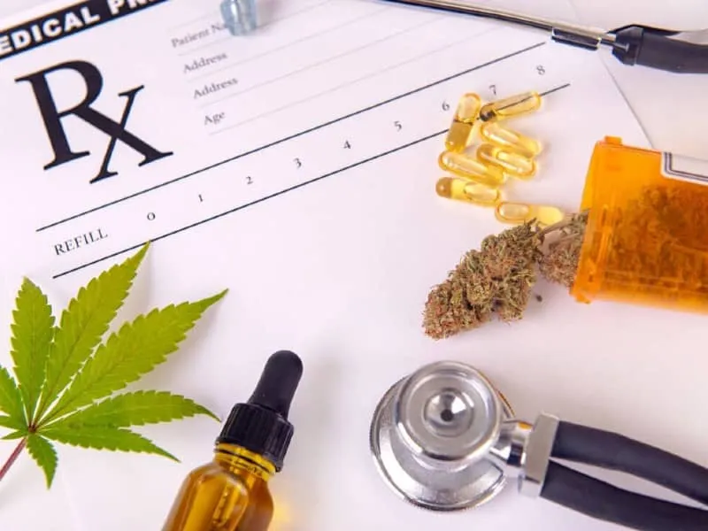 Medical prescription pad with cannabis buds, a cannabis leaf, a tincture bottle, pills and a stethoscope