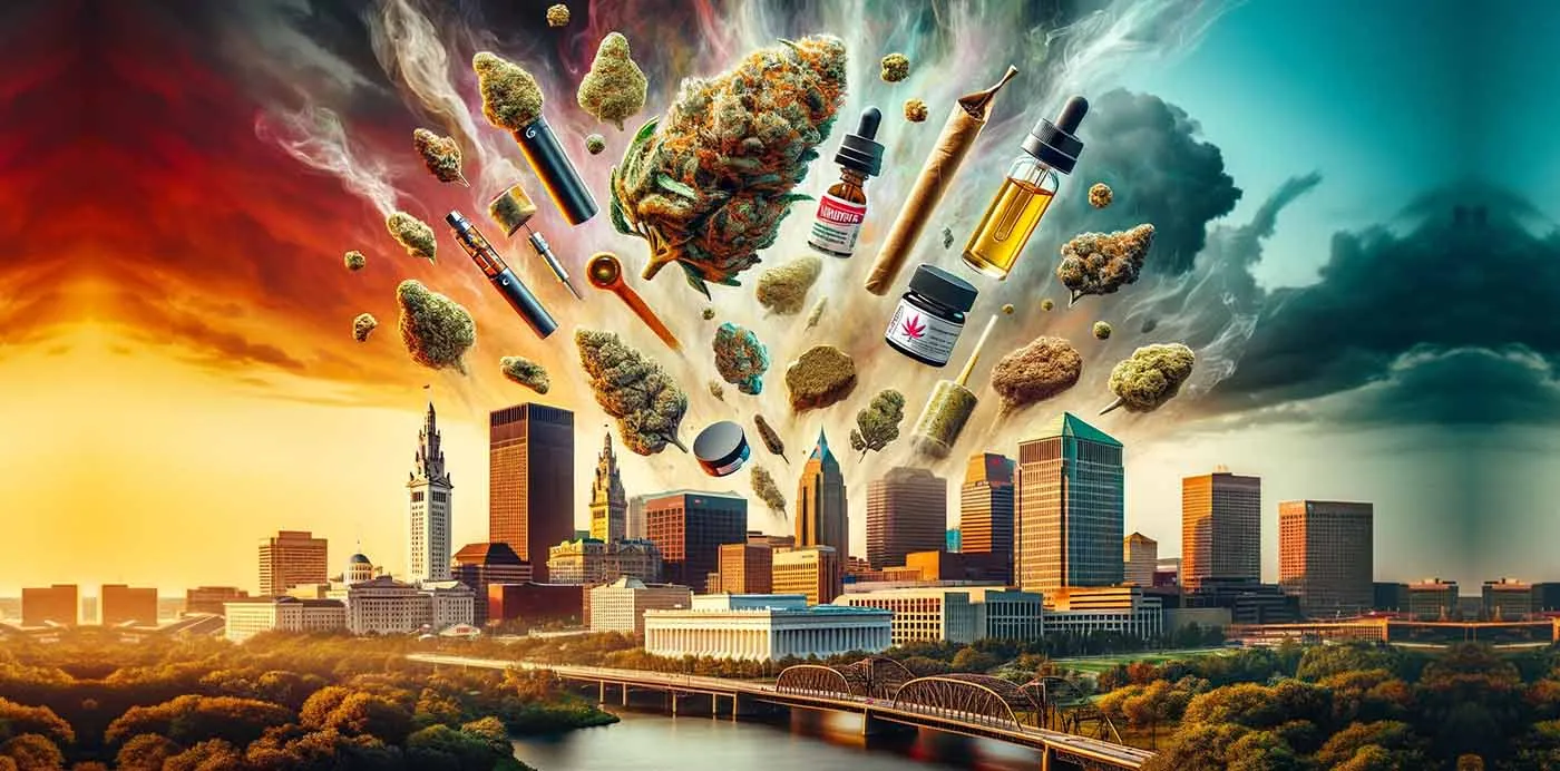 Illustration of cannabis flower, vapes and tinctures floating above the Columbus, Ohio skyline