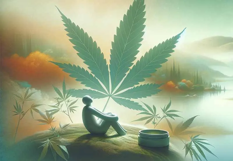 Illustration of a person sitting peacefully by a misty lake beneath a large cannabis leaf, with a small jar of salve nearby