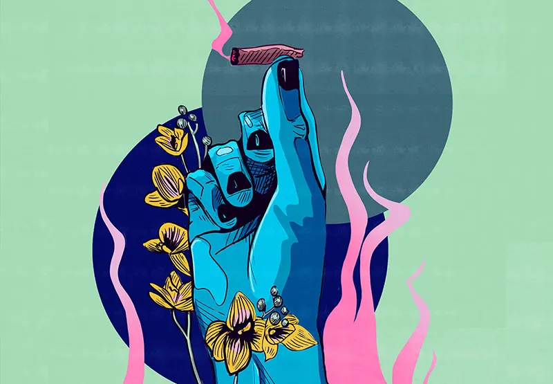 Illustration of a blue hand holding a joint surrounded by yellow flowers and pink smoke