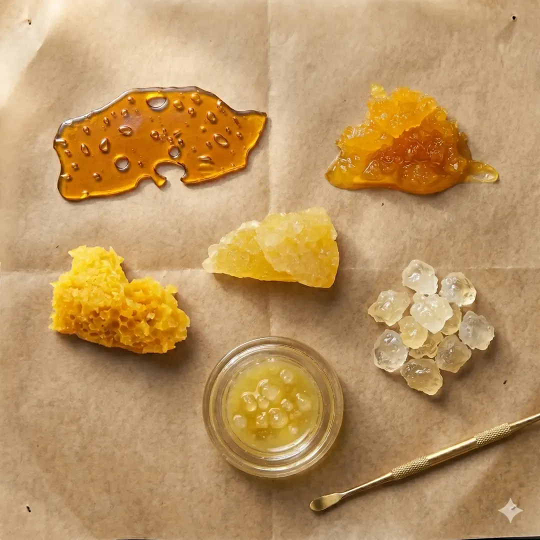 Cannabis concentrates laid out on parchment: amber shatter, budder, crumble, THCA diamonds, a jar of sauce and a dab tool