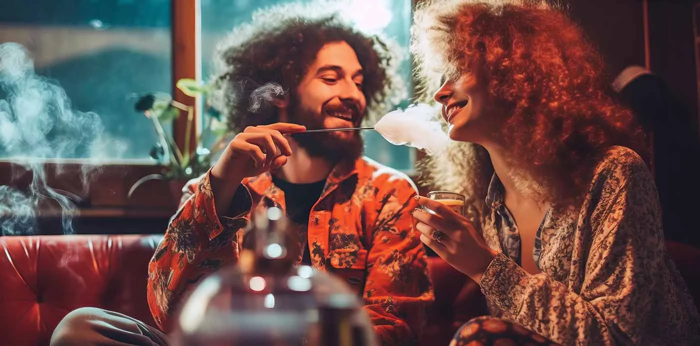 Smiling couple relaxing with cannabis on a date night