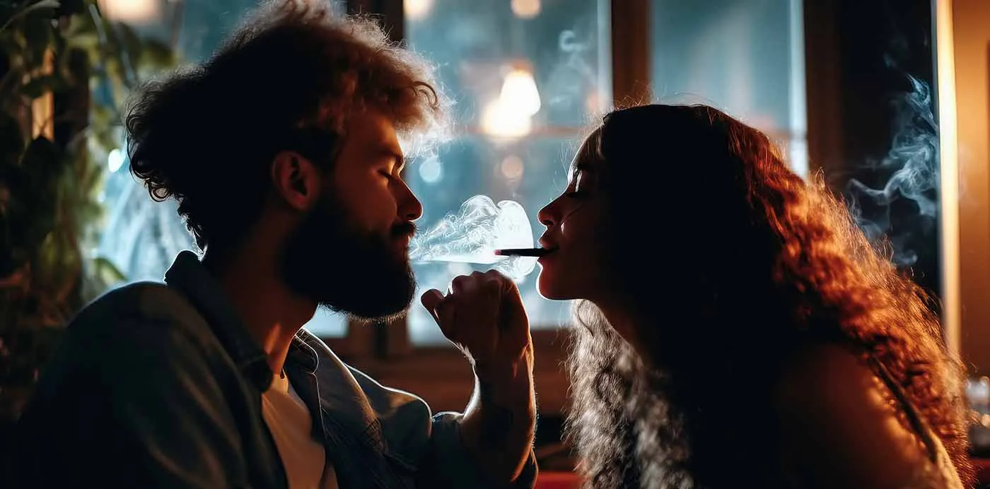 Couple sharing a joint on a candlelit date night