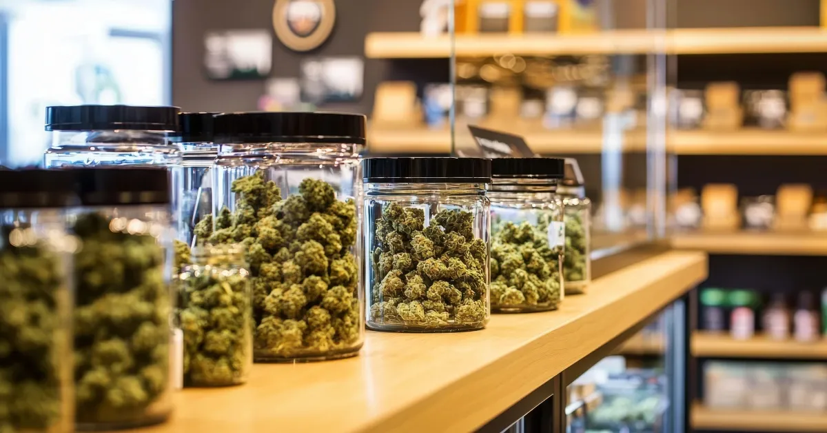 Glass jars filled with cannabis flower lined up on a wooden dispensary counter