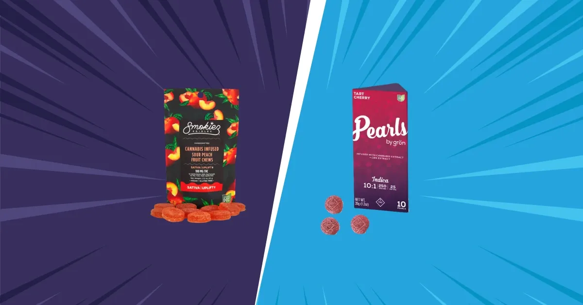 Two packages of low-dose cannabis gummies shown side by side for comparison