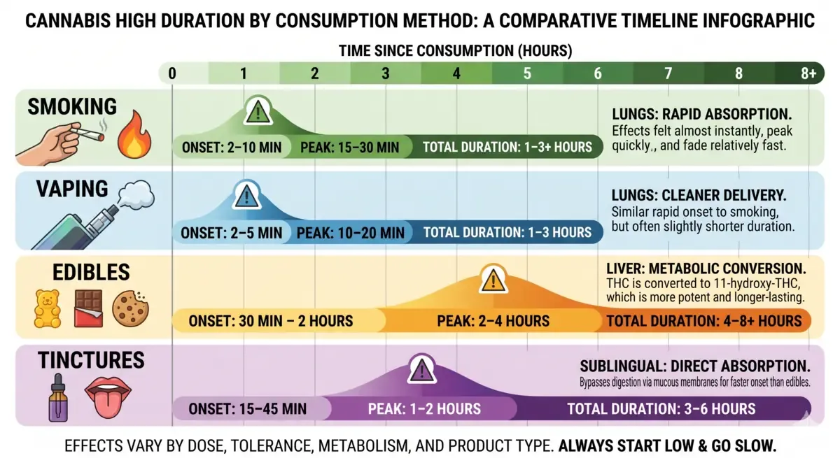 Infographic timeline comparing cannabis high duration for smoking, vaping, edibles and tinctures