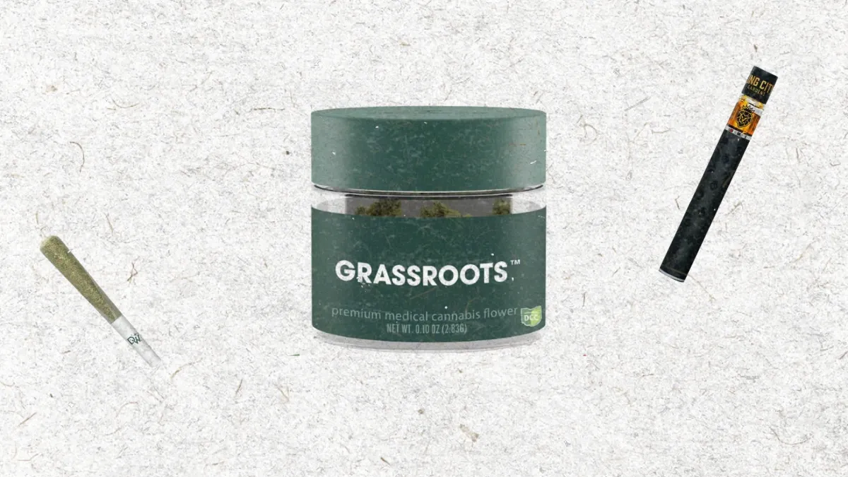 Pre-roll, Grassroots cannabis flower jar and disposable vape on a light background