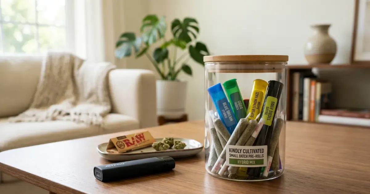 Glass jar filled with colorful pre-roll doob tubes on a coffee table, next to a pre-roll pack on a tray