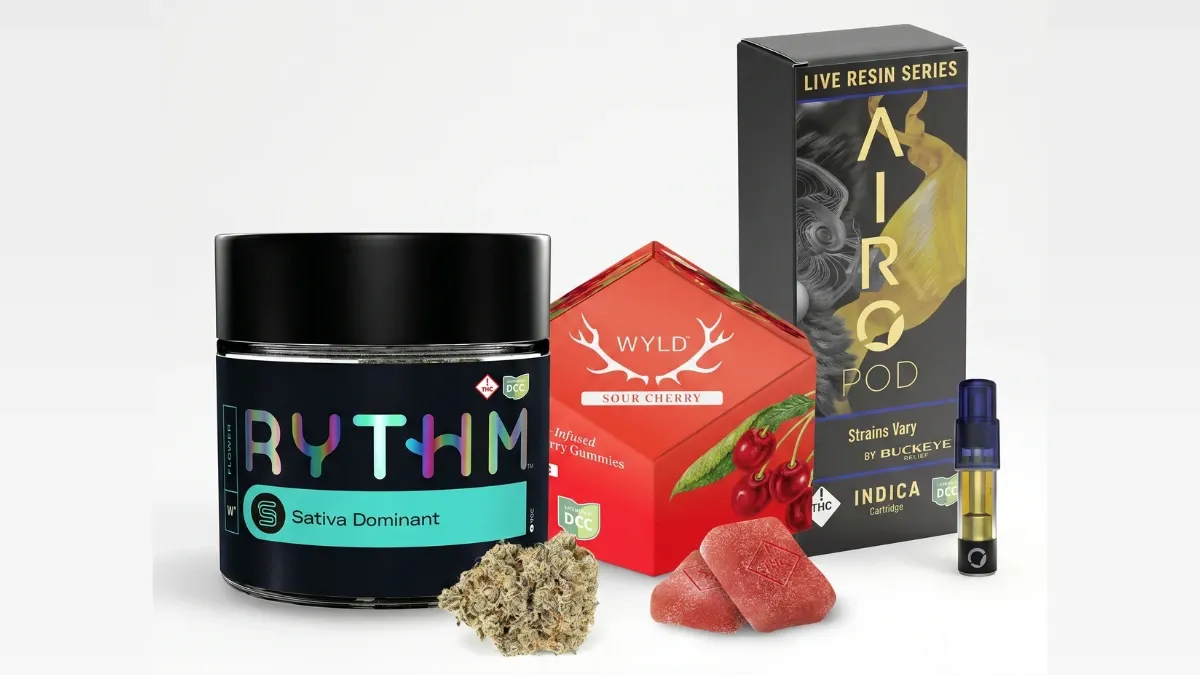 Cannabis flower jar, gummies and a live resin vape cartridge, the formats common at music festivals