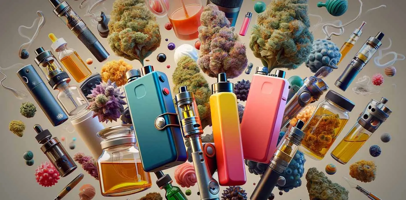 Collage of cannabis products including vape pens, flower buds, tincture bottles and edibles