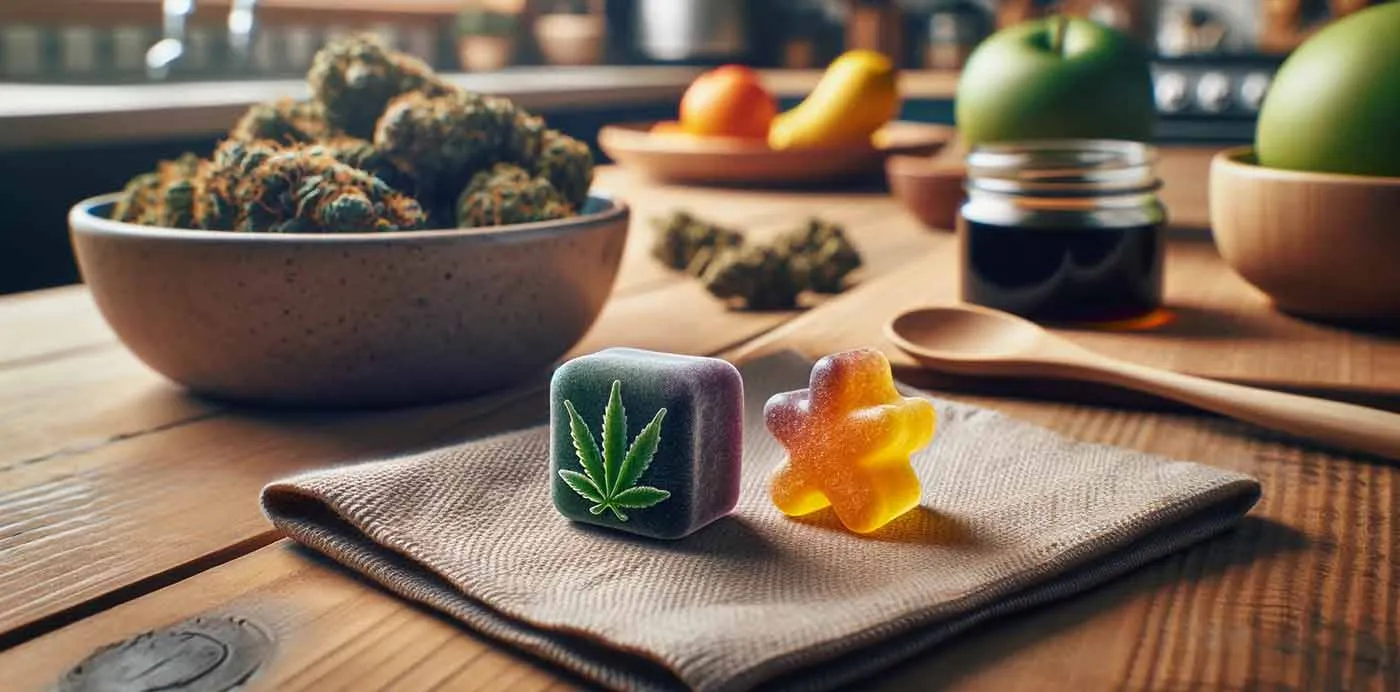 Cannabis leaf gummy cube and a star-shaped gummy on a napkin beside a bowl of cannabis buds
