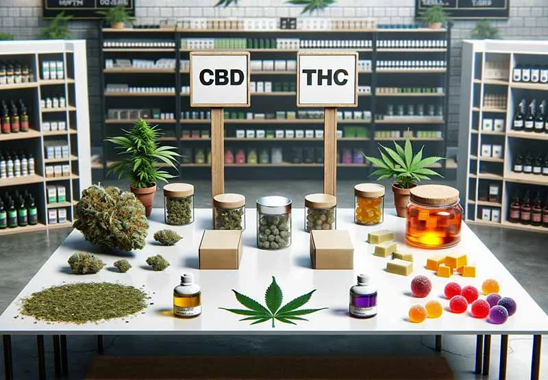 Table of CBD and THC flower, edibles, oils and topicals under CBD and THC signs in a dispensary