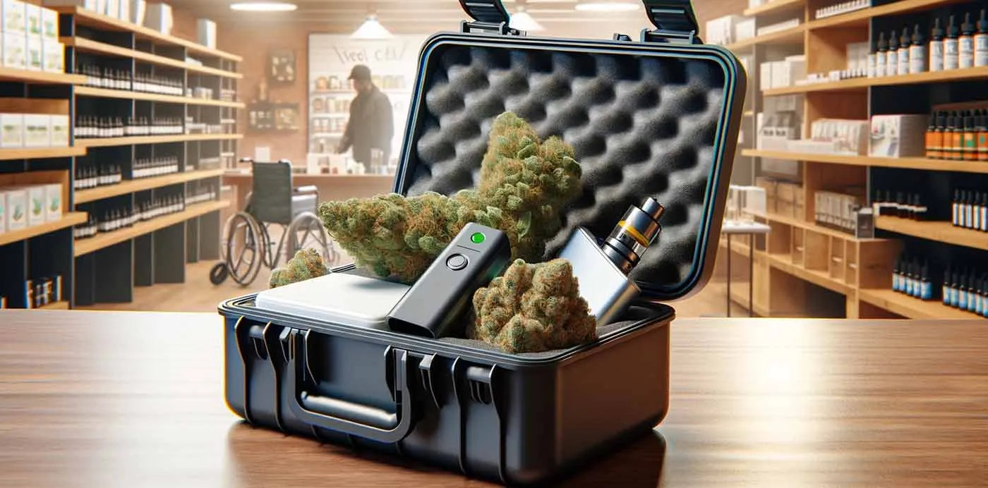 Open hard-shell case holding cannabis buds and vape pens on a dispensary counter