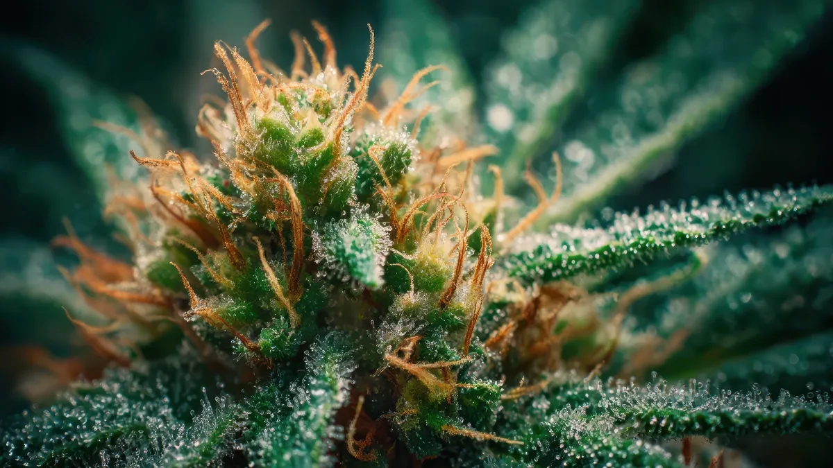Close-up of a cannabis flower covered in frosty trichomes and orange pistils