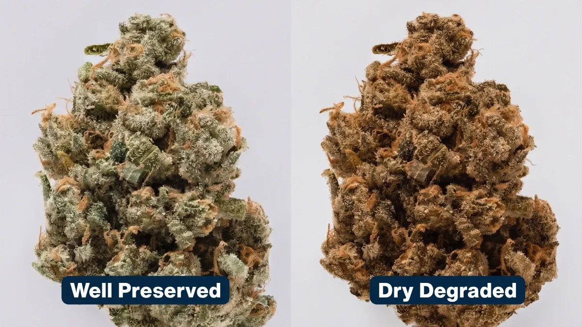 Side-by-side comparison of a well-preserved cannabis flower bud and a dry, degraded bud