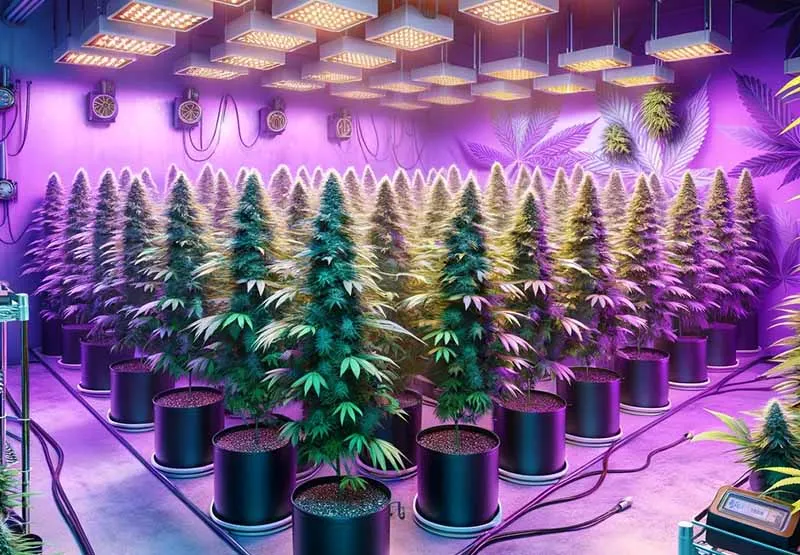 Illustration of rows of cannabis plants in pots under purple grow lights in an indoor Ohio cultivation facility