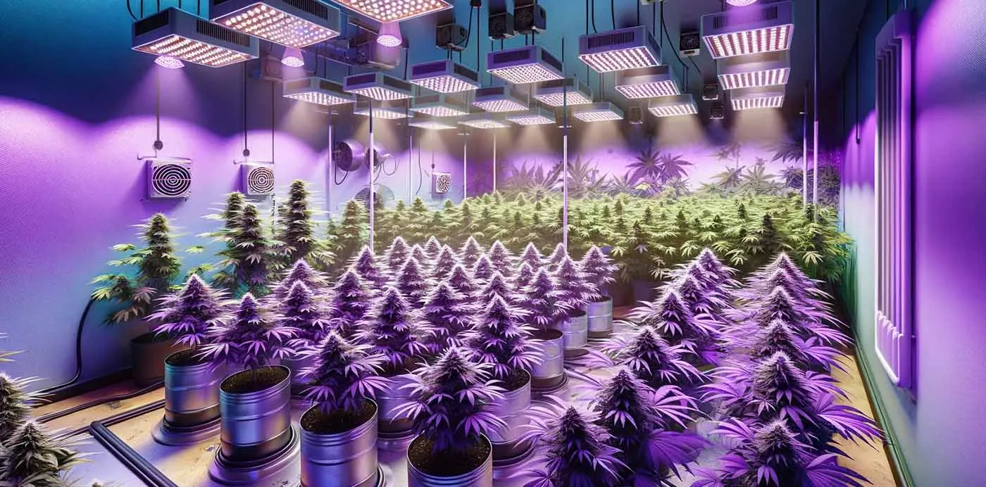 Illustration of rows of flowering cannabis plants under grow lights in an indoor cultivation room