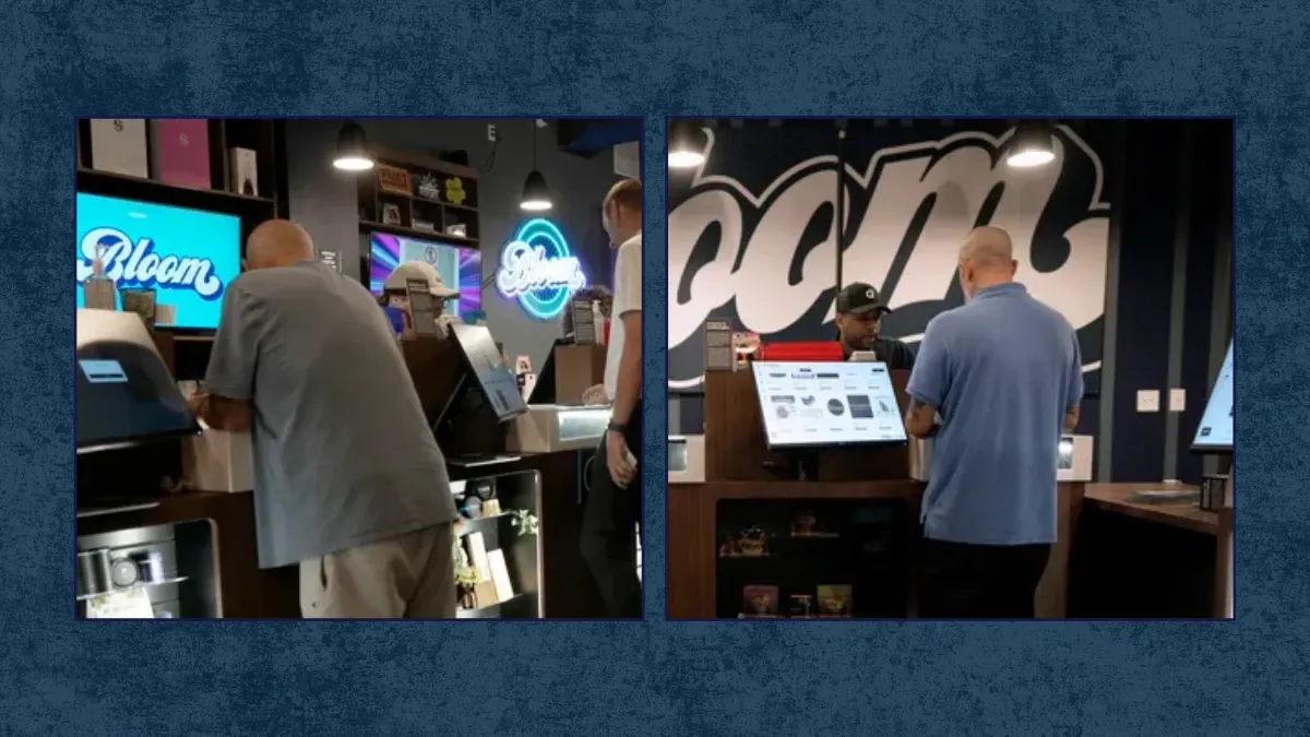 Customers browsing digital menu screens and ordering kiosks inside a Bloom dispensary