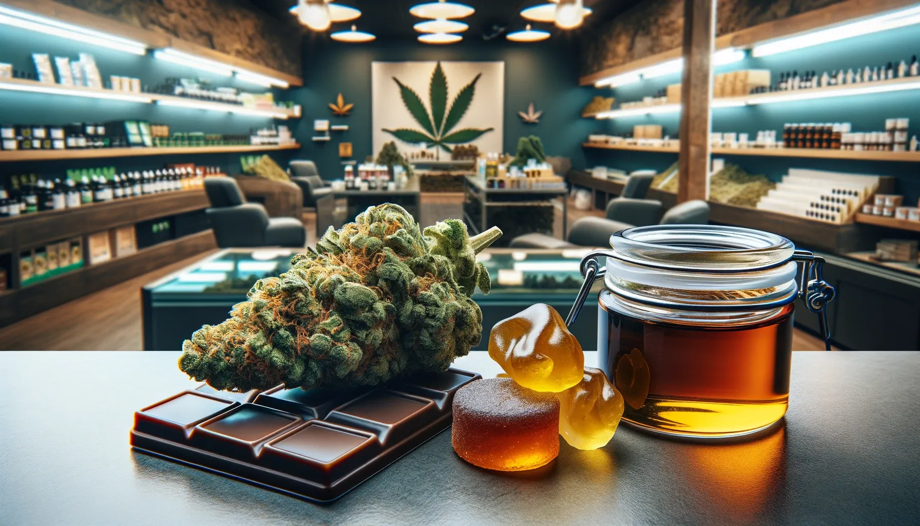 Cannabis bud, chocolate bar, gummies and a jar of infused honey on a dispensary counter