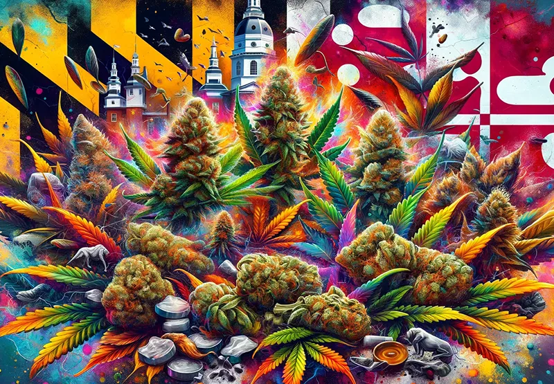 Colorful illustration of cannabis buds and plants in front of the Maryland flag and historic Maryland buildings