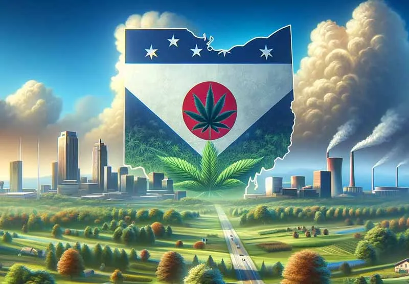 Illustration of an Ohio-shaped flag with a cannabis leaf above green countryside and a growing city skyline