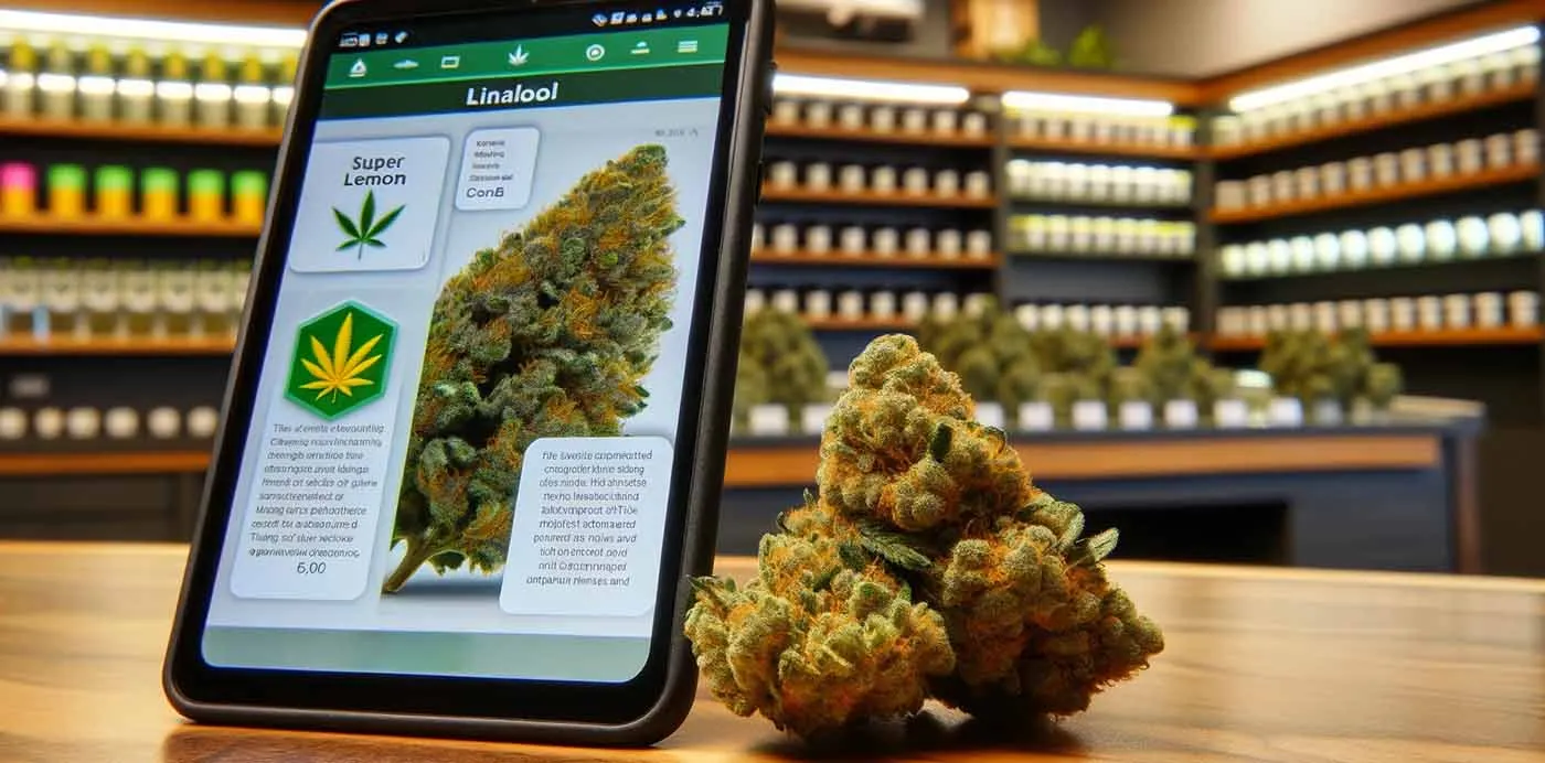 Tablet showing a cannabis strain profile next to cannabis buds on a dispensary counter