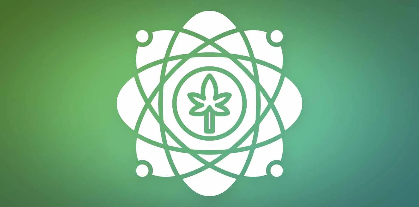 Atom symbol orbiting a cannabis leaf, illustrating the entourage effect