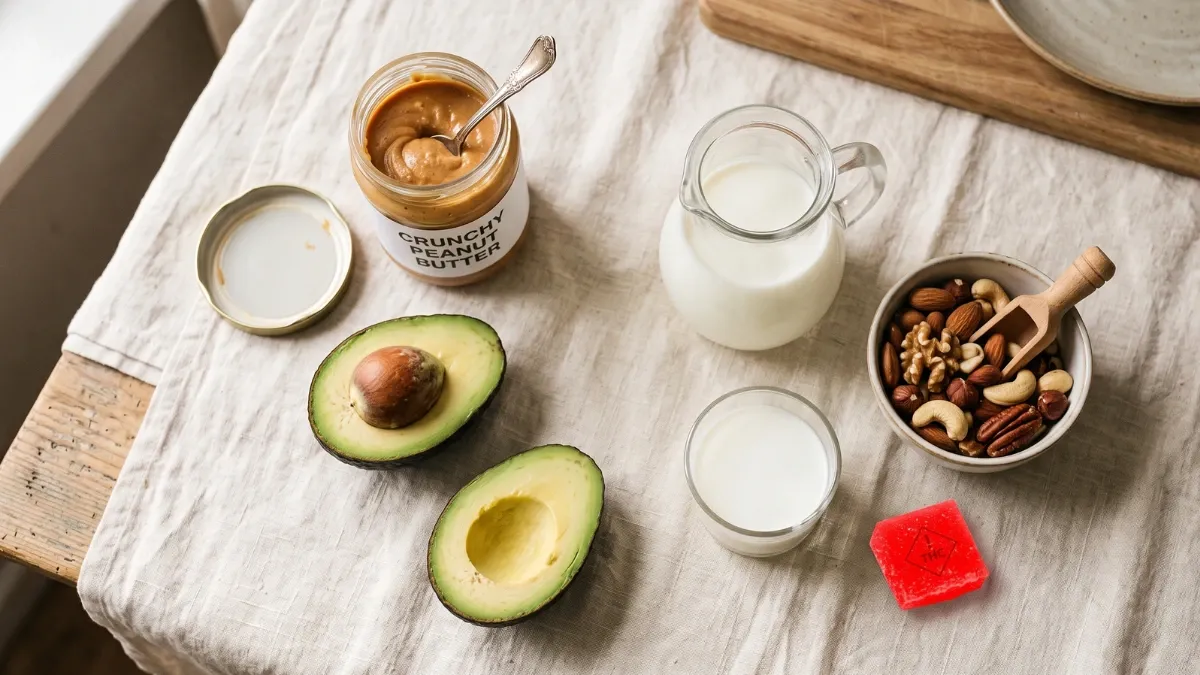 Fatty foods on a linen tablecloth: a jar of peanut butter, halved avocado, mixed nuts, a pitcher and glass of milk, and a red cannabis gummy