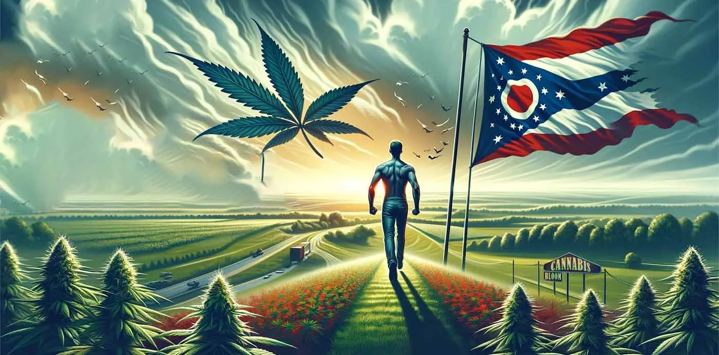 Illustration of a man walking through Ohio farmland toward an Ohio flag with a cannabis leaf in the sky