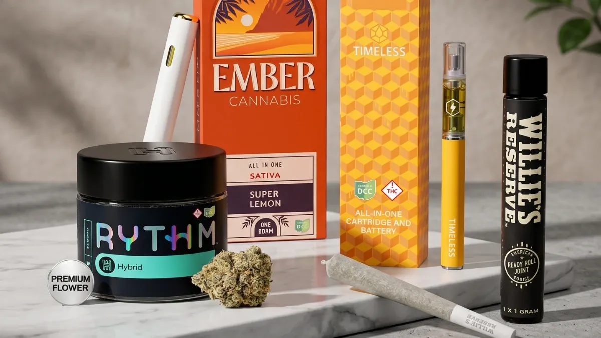 Cannabis flower jar, vape cartridge, pre-roll and edible package arranged together on a counter