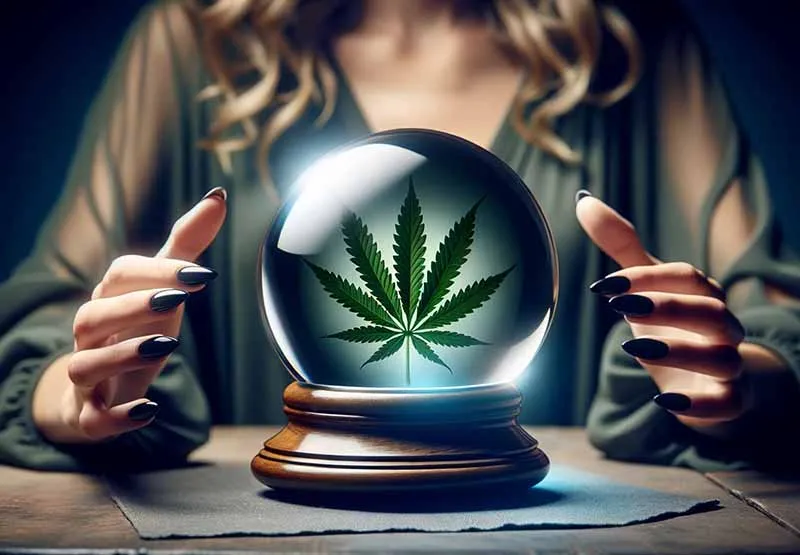 Hands around a crystal ball showing a cannabis leaf, representing predictions for the future of the cannabis industry