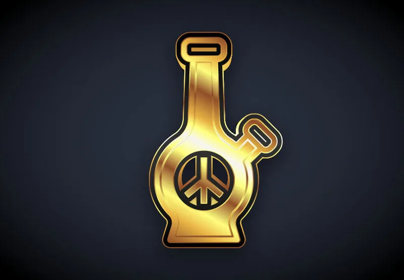 Gold bong icon with a peace sign on a dark background